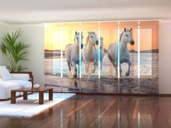 Panel curtain (1-6 pts.): WHITE HORSES GALLOPING AT SUNSET IN FRANCE