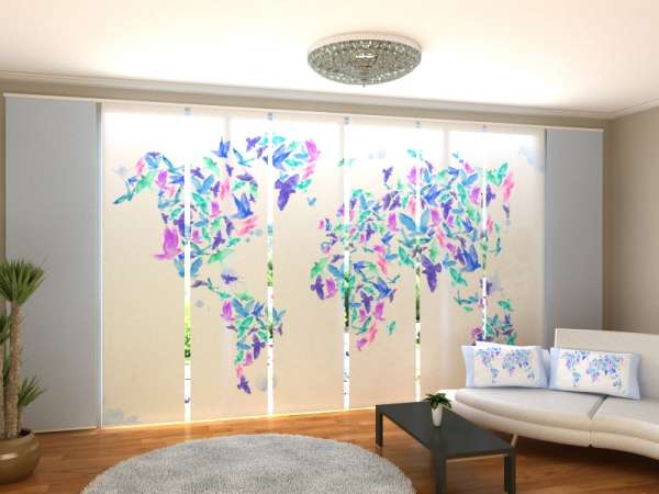 Sliding panel curtain (1-8 pts.): WATERCOLOR BIRDS ON THE WORLD MAP