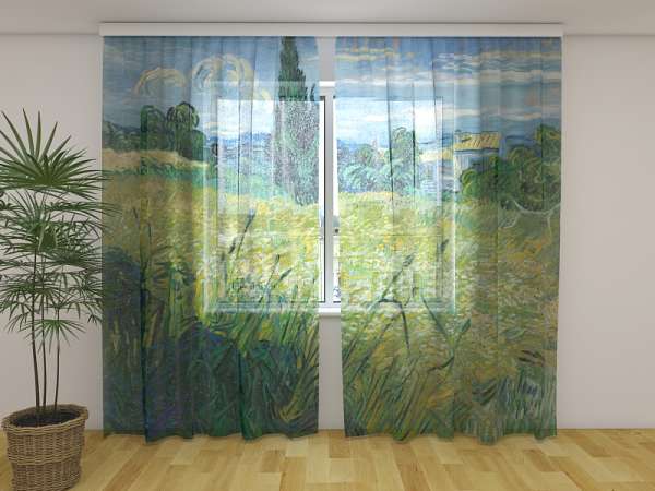 Chiffon curtain: GREEN WHEAT FIELD WITH CYPRESS