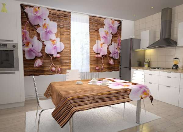 Kitchen curtain: ORCHIDS AND DARK WOOD