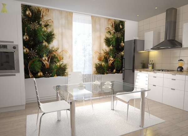 Kitchen curtain: CHRISTMAS TREE WITH GOLDEN DECORATION