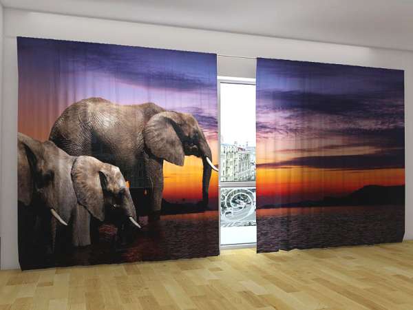 Panoramic curtain: ELEPHANTS AT SUNSET