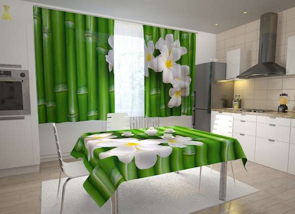 Kitchen curtain: WHITE FLOWERS AND BAMBOO