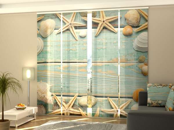 Sliding panel curtain (1-4 pts.): SEASHELLS ON VINTAGE WOOD