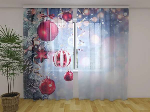 Chiffon curtain: RED CHRISTMAS BALLS AND CONES