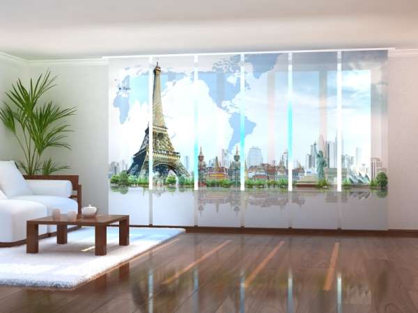 Sliding panel curtain (1-6 pts.): WORLD MAP WITH EIFFEL TOWER