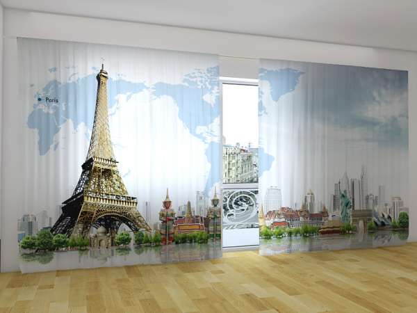 Panoramic curtain: WORLD MAP WITH EIFFEL TOWER