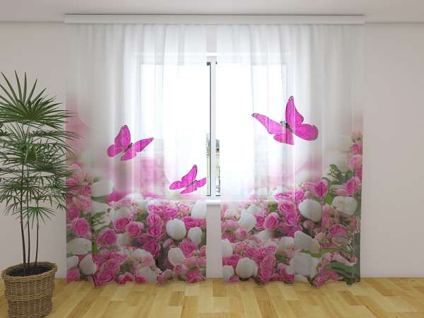 Chiffon curtain: CRIMSON BUTTERFLIES AND FLOWERS