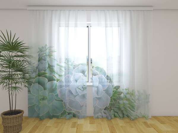 Chiffon curtain: BLUE-GREEN FLOWERS