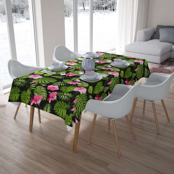 Tablecloth: TROPICAL FLOWERS ON BLACK