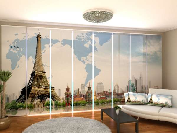 Sliding panel curtain (1-8 pts.): WORLD MAP WITH EIFFEL TOWER