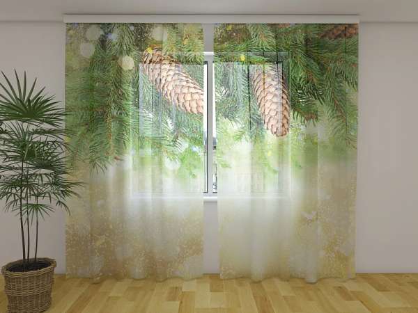 Chiffon curtain: GOLDEN XMAS DECOR WITH PINE BRANCH