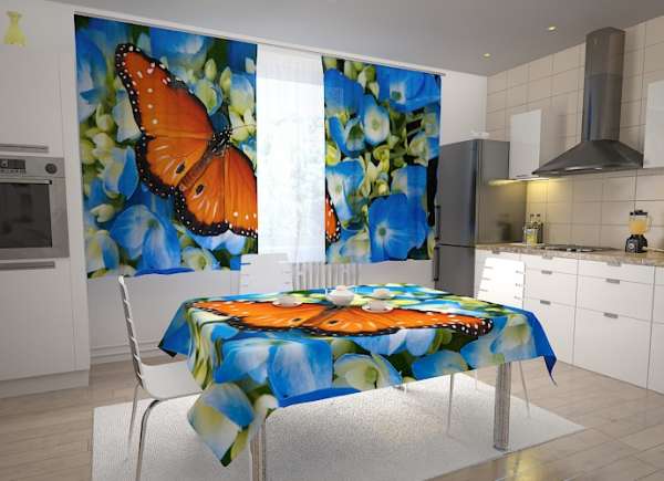 Kitchen curtain: BUTTERFLY AND BLUE FLOWERS