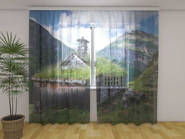 Chiffon curtain: MOUNTAIN FARM IN NORWAY FJORDS