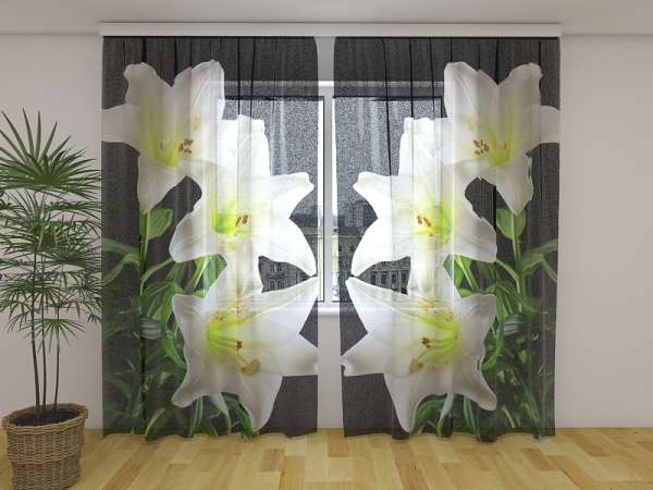 Chiffon curtain: LILIES ON THE BLACK BACKGROUND