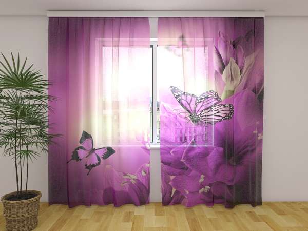 Chiffon curtain: PURPLE FLOWERS AND BUTTERFLIES