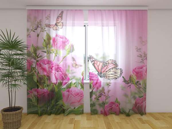 Chiffon curtain: BUTTERFLIES AND PINK ROSES