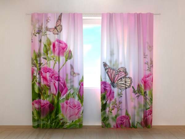 Photo curtain: BUTTERFLIES AND PINK ROSES