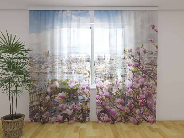 Chiffon curtain: EIFFEL TOWER WITH BLOOMING MAGNOLIA