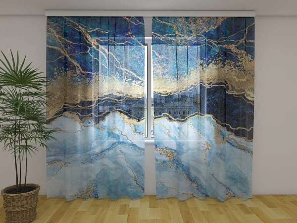 Chiffon curtain: BLUE MARBLE WITH GOLDEN GLITTER